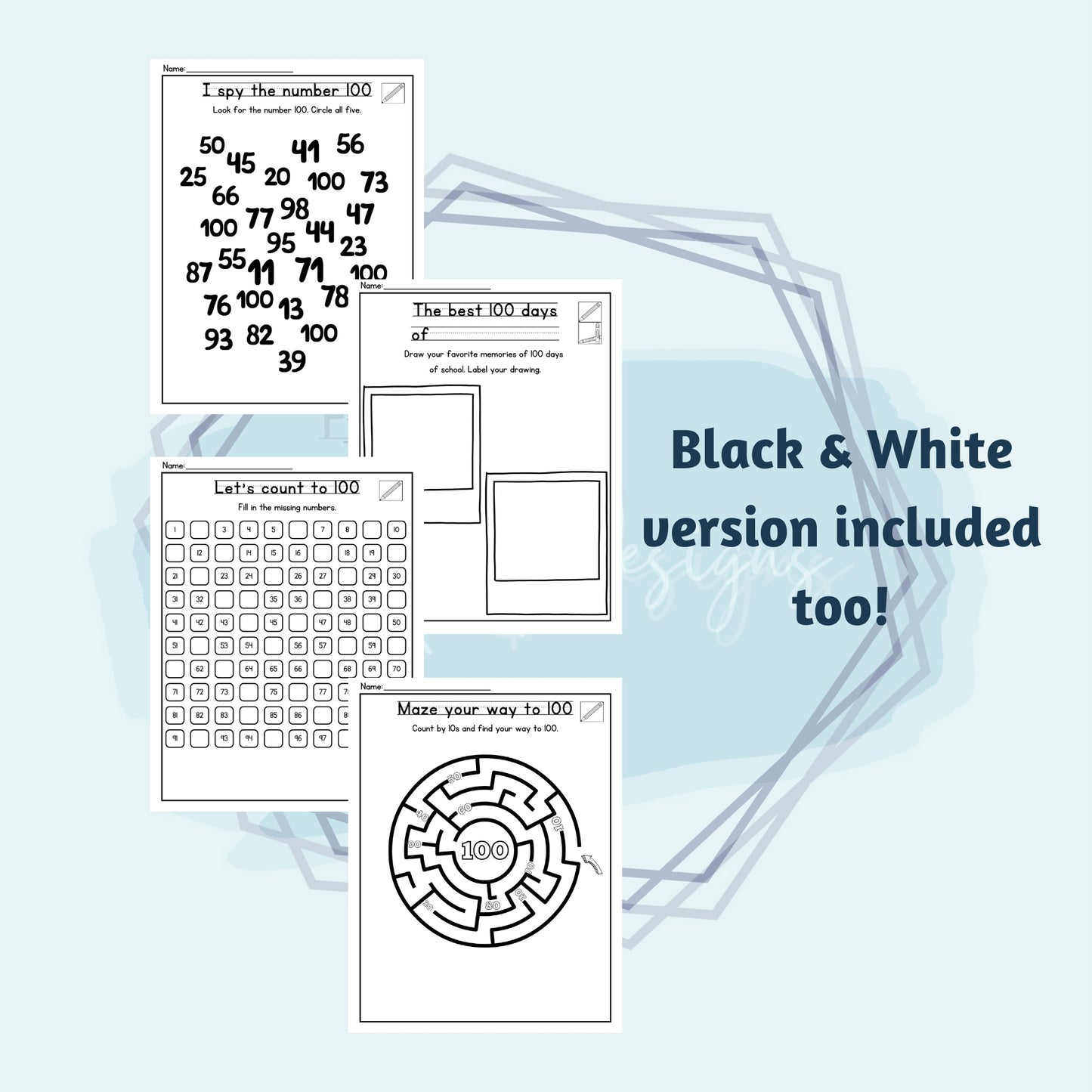 100th Day of School, 32 Page Worksheet Bundle Grades K-2, Math, ELA, Art, PE, STEM Fun | Instant Download | Color or Black and White