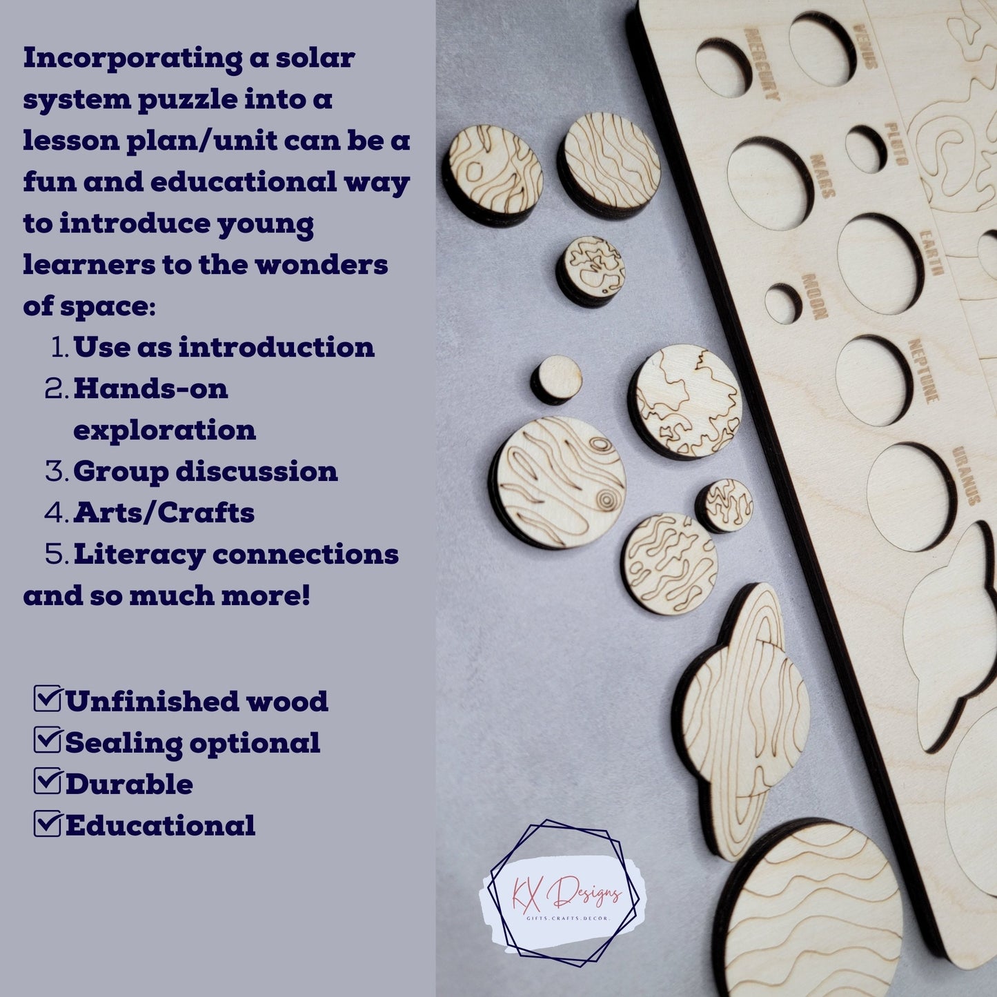 Solar System Puzzle, wooden puzzle, planets, moon, dwarf planet, Montessori, space, homeschool and classroom STEM Science learning activity