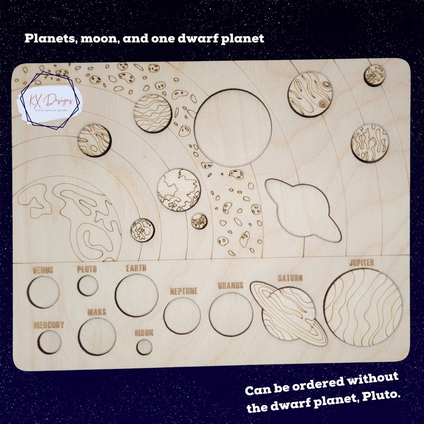 Solar System Puzzle, wooden puzzle, planets, moon, dwarf planet, Montessori, space, homeschool and classroom STEM Science learning activity