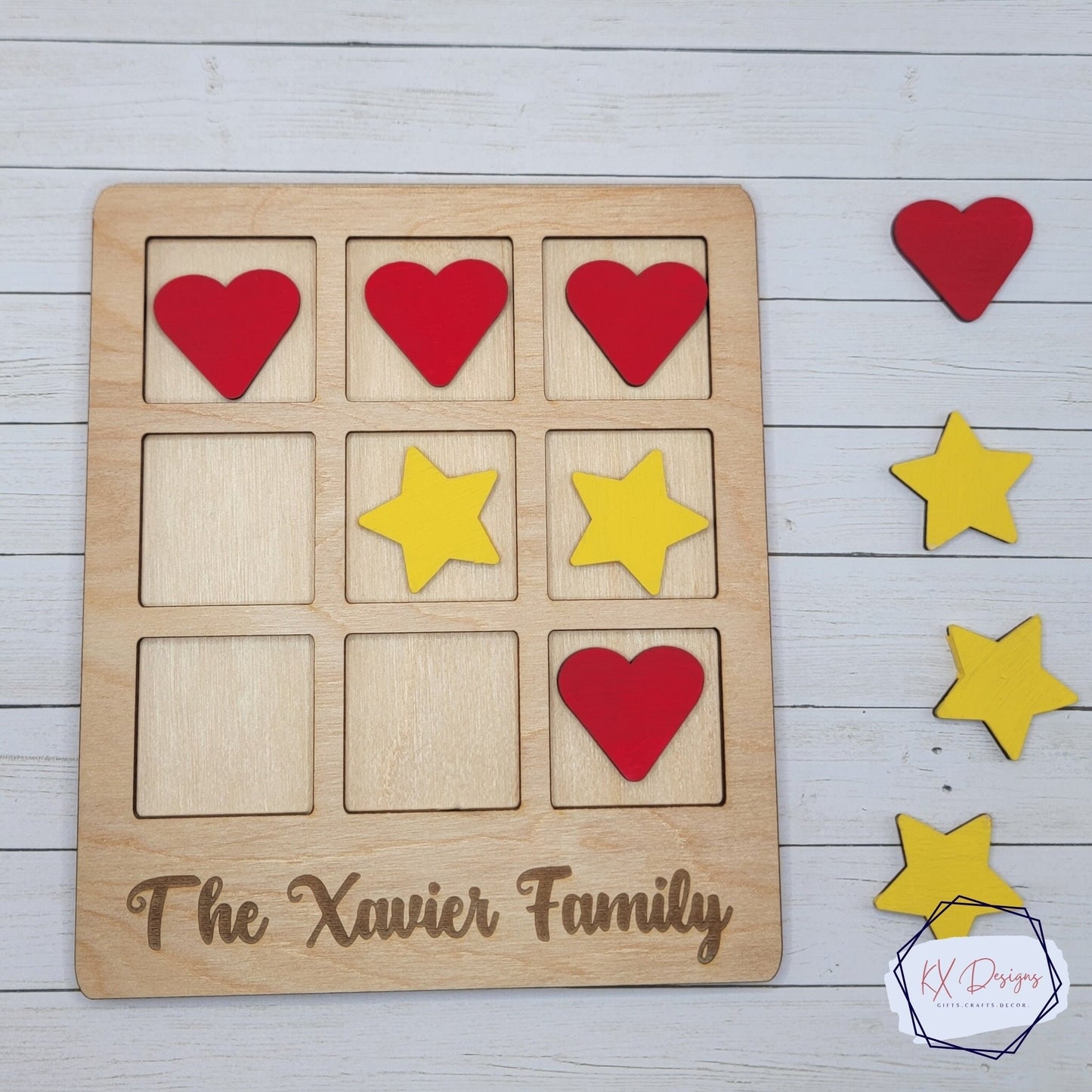 Personalized Tic-Tac-Toe, Wooden, Sealed, Painted or Unfinished, Family Game Night, Classroom game fun, 15 shapes (five each) included
