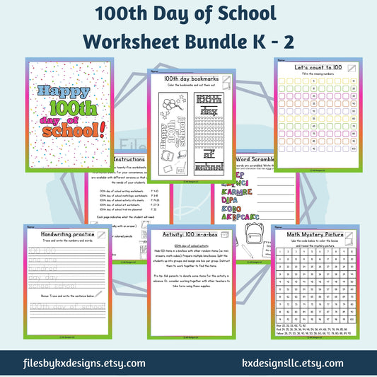 100th Day of School, 32 Page Worksheet Bundle Grades K-2, Math, ELA, Art, PE, STEM Fun | Instant Download | Color or Black and White