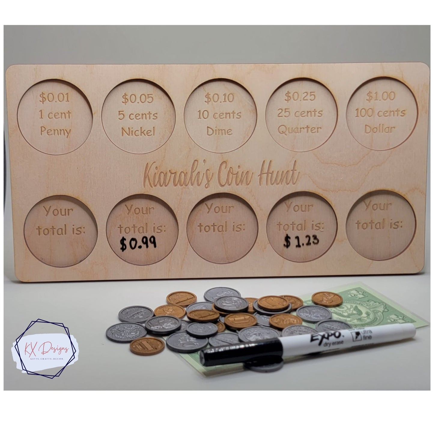 Coin Hunt Custom Gift for Kids, U.S. Coin sorting, Wooden Hands-on Montessori Learning Board, Early Math, Money skills, learn through play