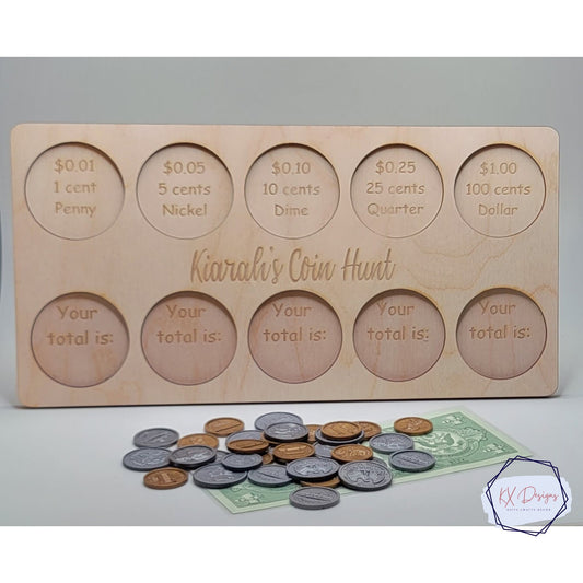 Coin Hunt Custom Gift for Kids, U.S. Coin sorting, Wooden Hands-on Montessori Learning Board, Early Math, Money skills, learn through play