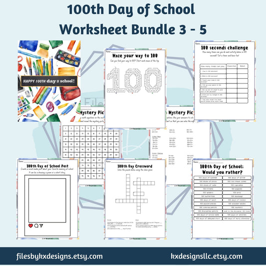 100th Day of School, 50 Page Super Worksheet Bundle Grades 3-5, Math, ELA, Art, PE, STEM Fun | Instant Download | Color or Black and White