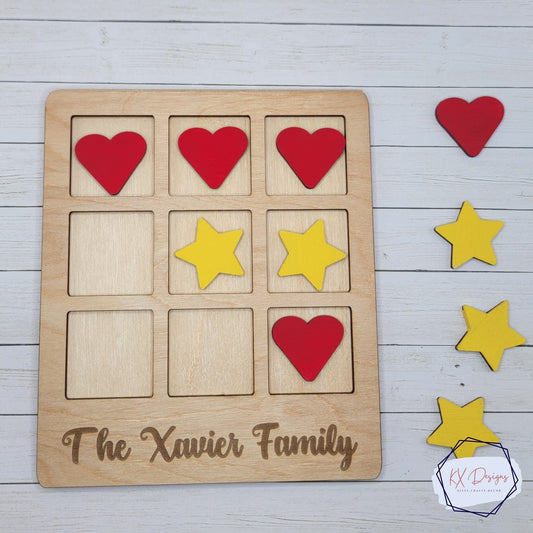 Personalized Tic-Tac-Toe, Wooden, Sealed, Painted or Unfinished, Family Game Night, Classroom game fun, 15 shapes (five each) included