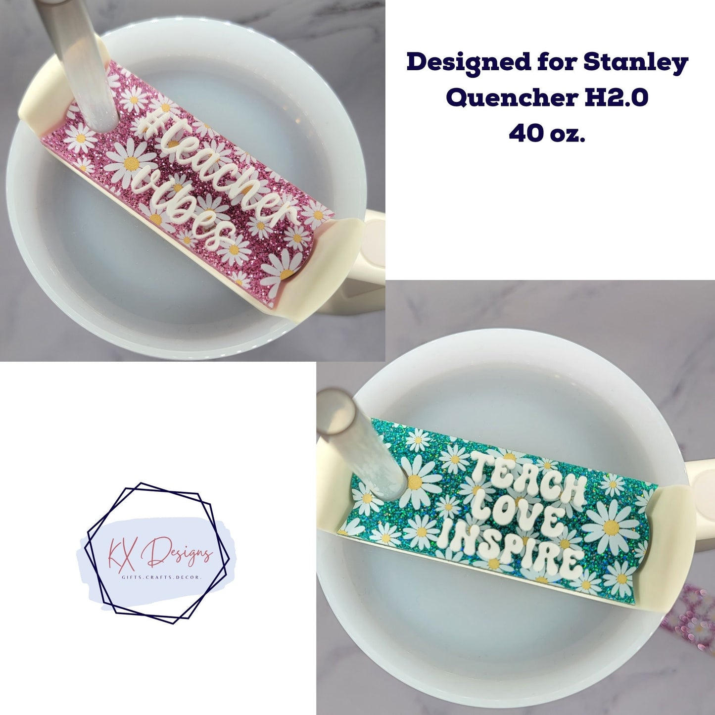 40 oz. Spring Daisy Teacher Name Plate, Personalized, Gift, Custom Name Tag, Stanley Topper, Tumbler Cup, Glitter Daisy Flowers