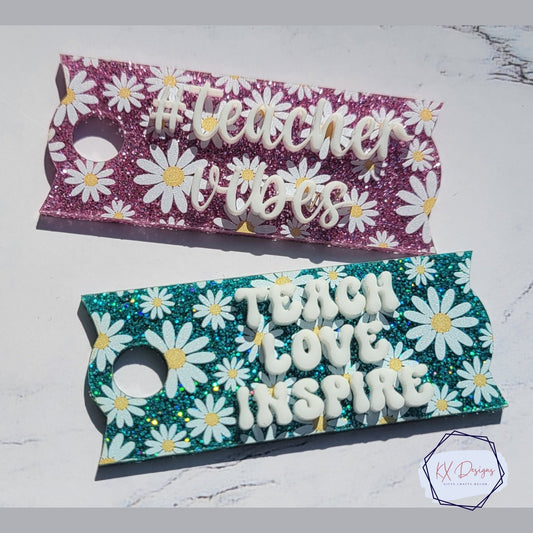 40 oz. Spring Daisy Teacher Name Plate, Personalized, Gift, Custom Name Tag, Stanley Topper, Tumbler Cup, Glitter Daisy Flowers