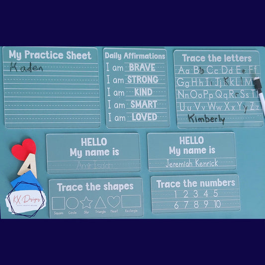 Tracing Panel Letters, Numbers, Name, Shapes, Blank, Daily Affirmations, Acrylic, School Readiness, Various Designs, Preschool, Kindergarten